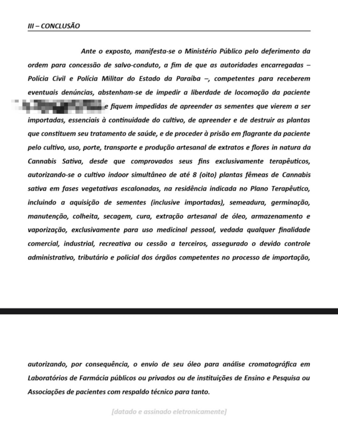 Conclusão do Ministério Público favorável à concessão de salvo-conduto para cultivo medicinal